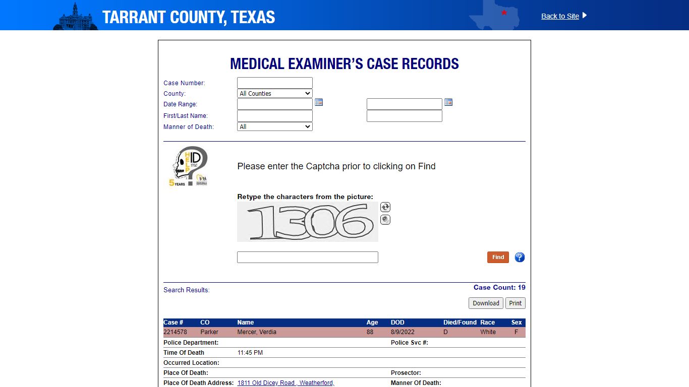 Tarrant County - Medical Examiner’s Case Records