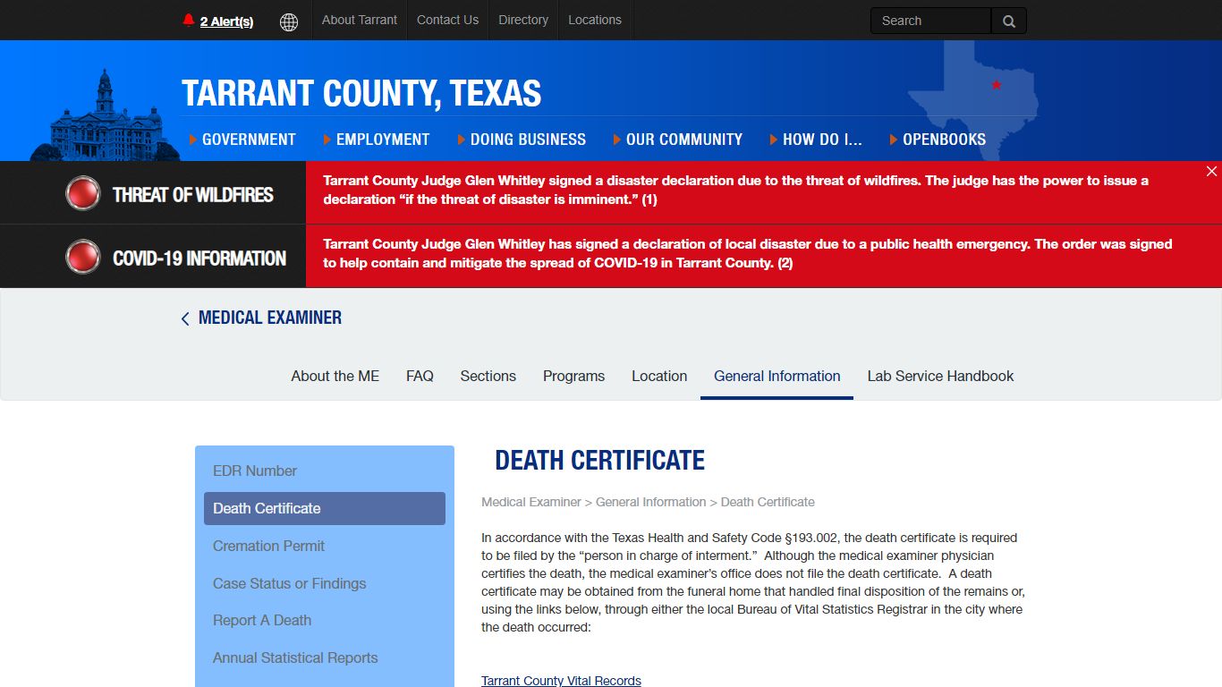 Death Certificate - Tarrant County, Texas